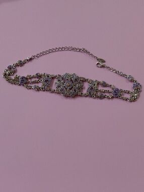 Used Lee Mode International Faux White Gold, Purple And Pink Gem Chocker